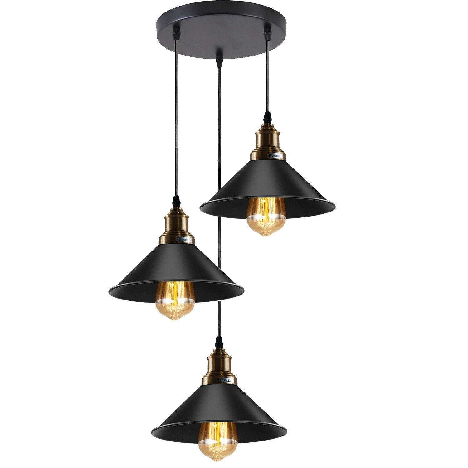 Black 3 Way Pendant Light Fixture Cone Shade Hanging Pendant Ceiling