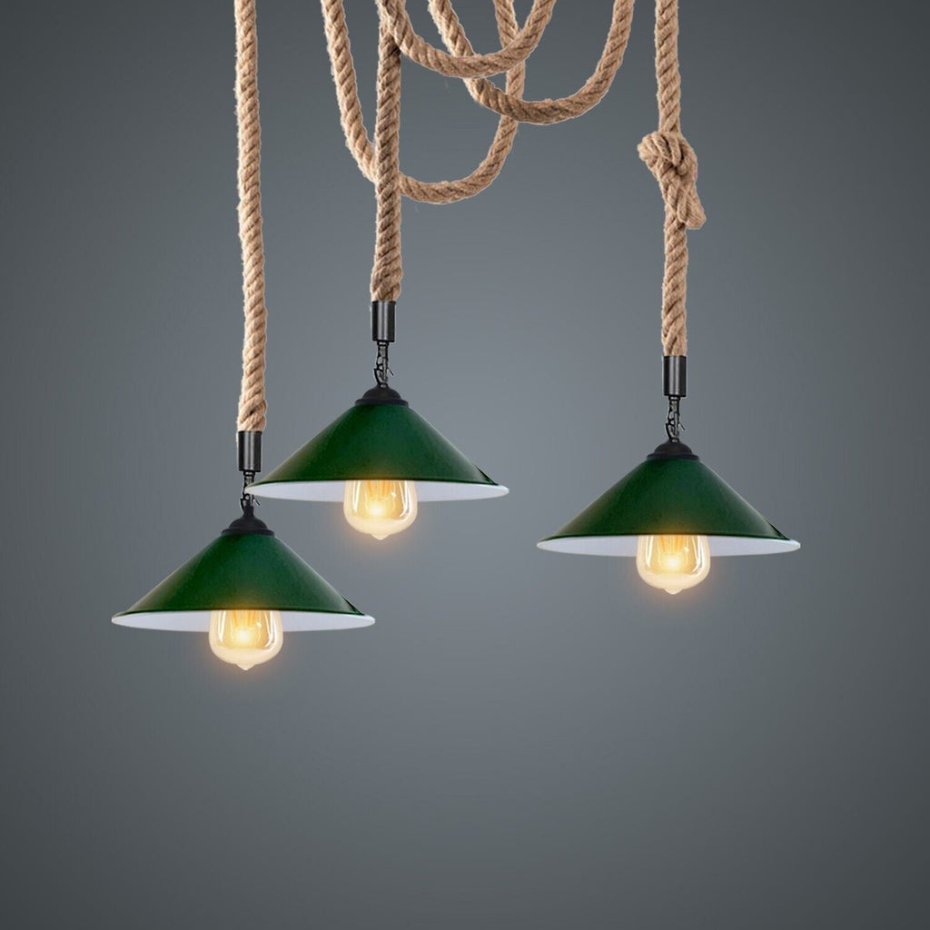 Industrial vintage Retro 3 Head Hemp  Spider Chandelier  Cone Green