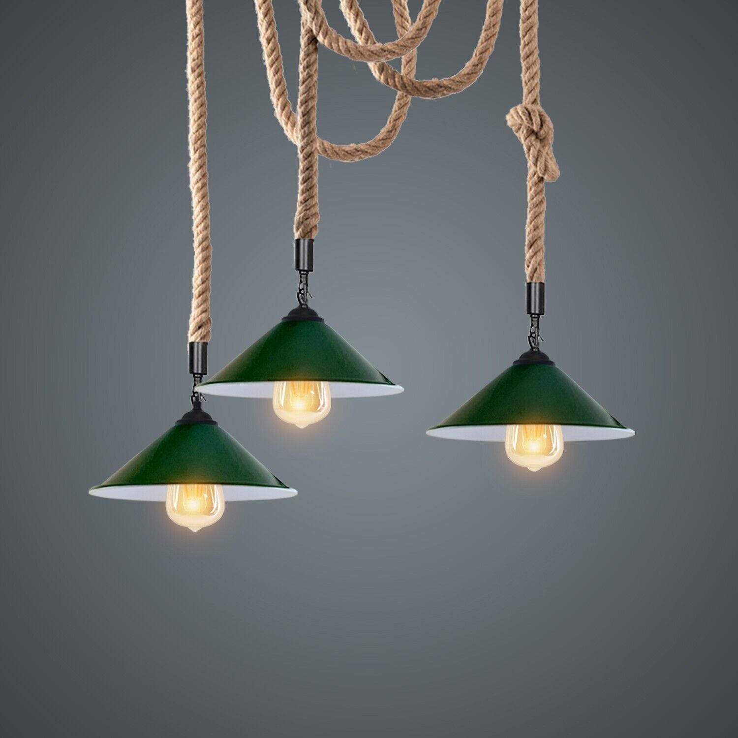 Industrial vintage Retro 3 Head Hemp  Spider Chandelier  Cone Green