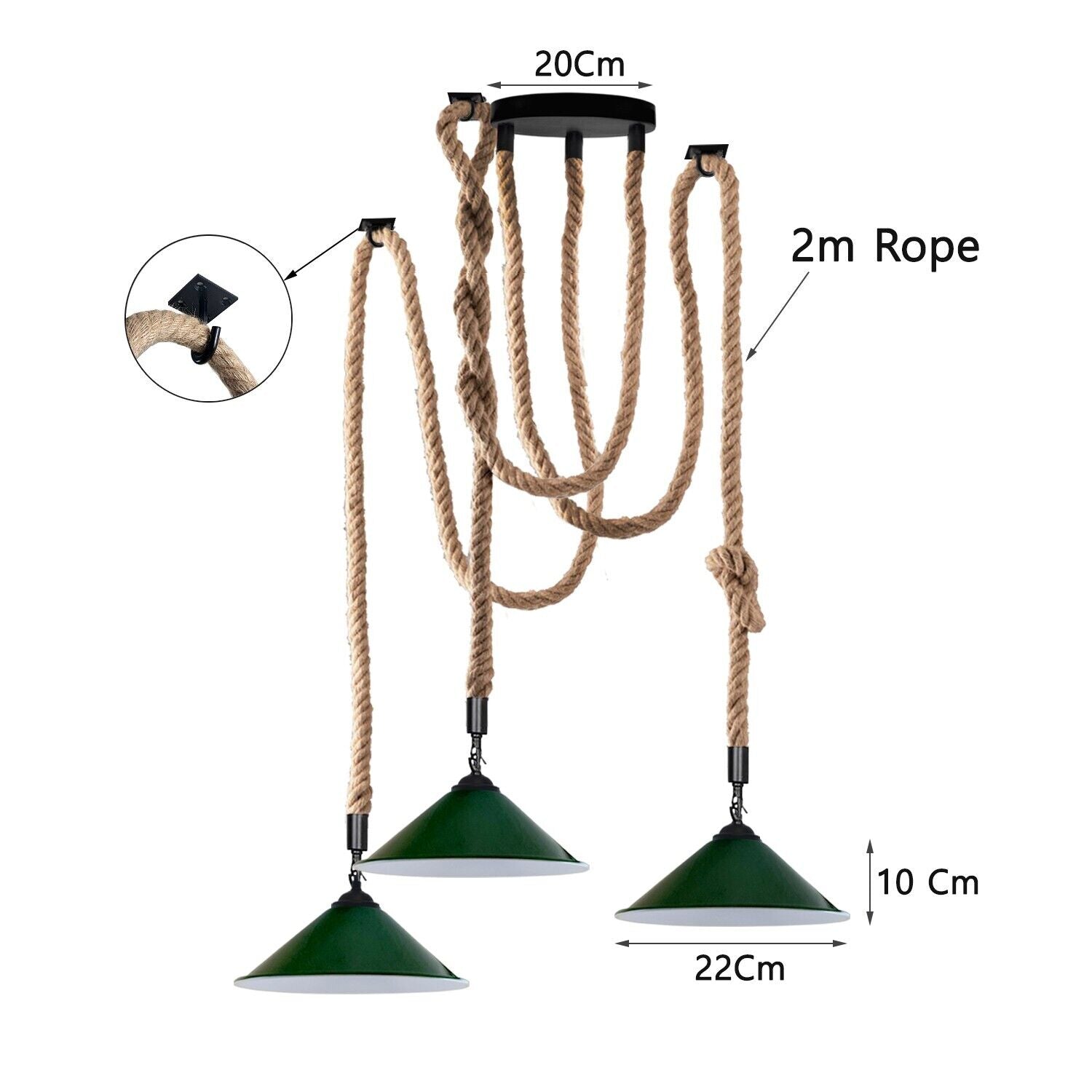 Industrial vintage Retro 3 Head Hemp  Spider Chandelier  Cone Green