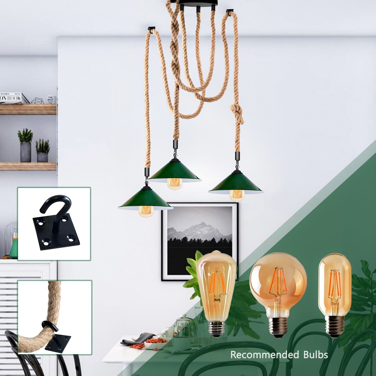 Industrial vintage Retro 3 Head Hemp  Spider Chandelier  Cone Green