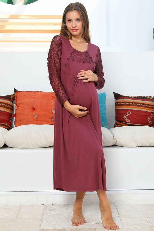 Shopymommy 55103 Elegance Lace Sleeves Maternity & Nursing Nightgown