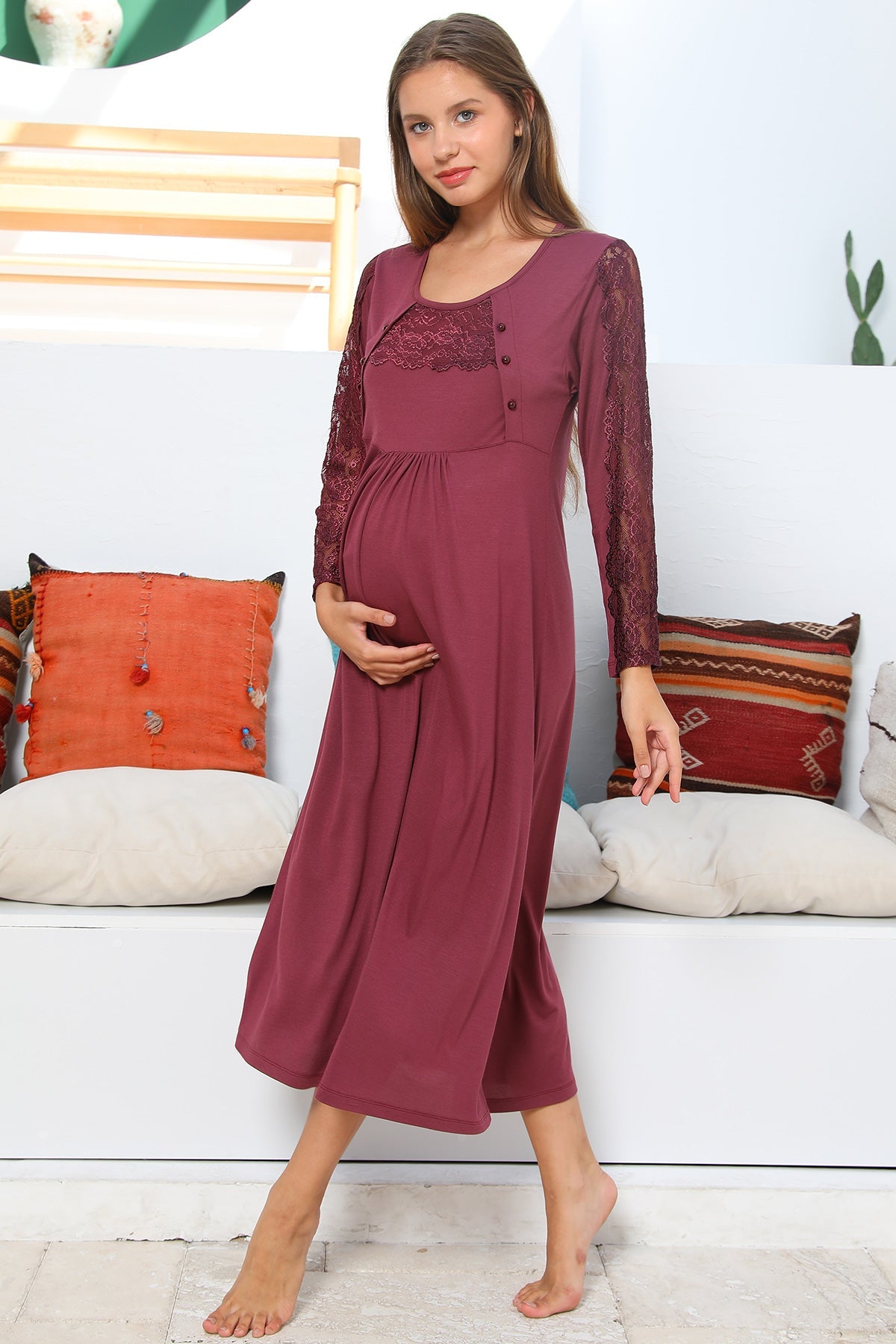 Shopymommy 55103 Elegance Lace Sleeves Maternity & Nursing Nightgown