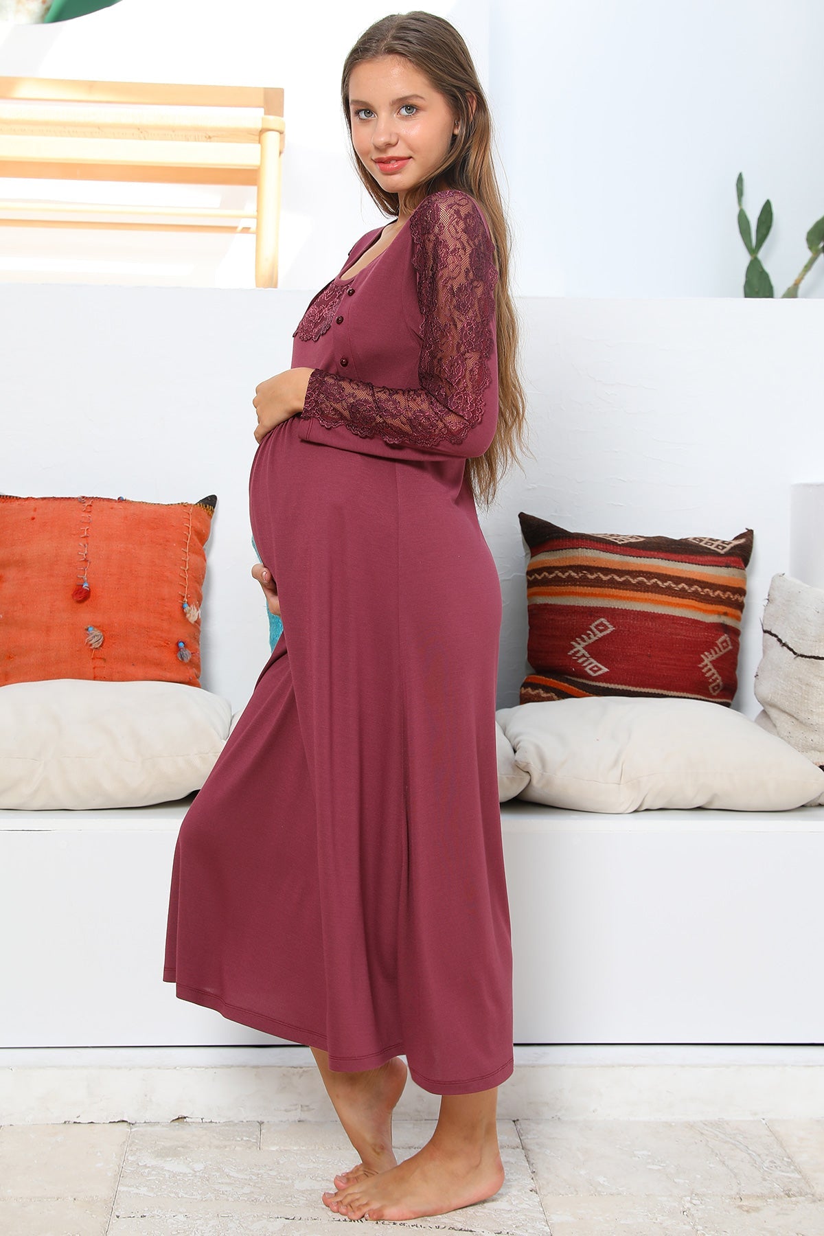 Shopymommy 55103 Elegance Lace Sleeves Maternity & Nursing Nightgown