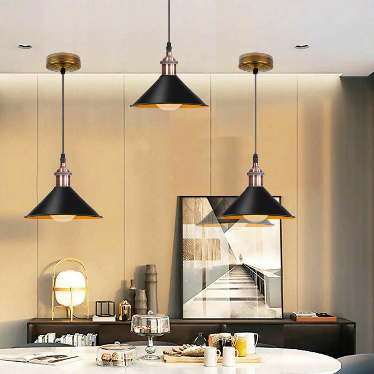 Modern Black Pendant Lamp Vintage Industrial Metal Cone Ceiling Light