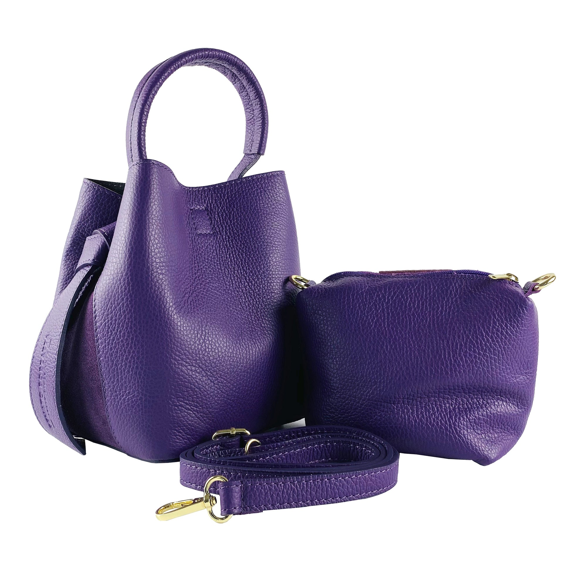 Bucket Bag with Clutch in Real Leather