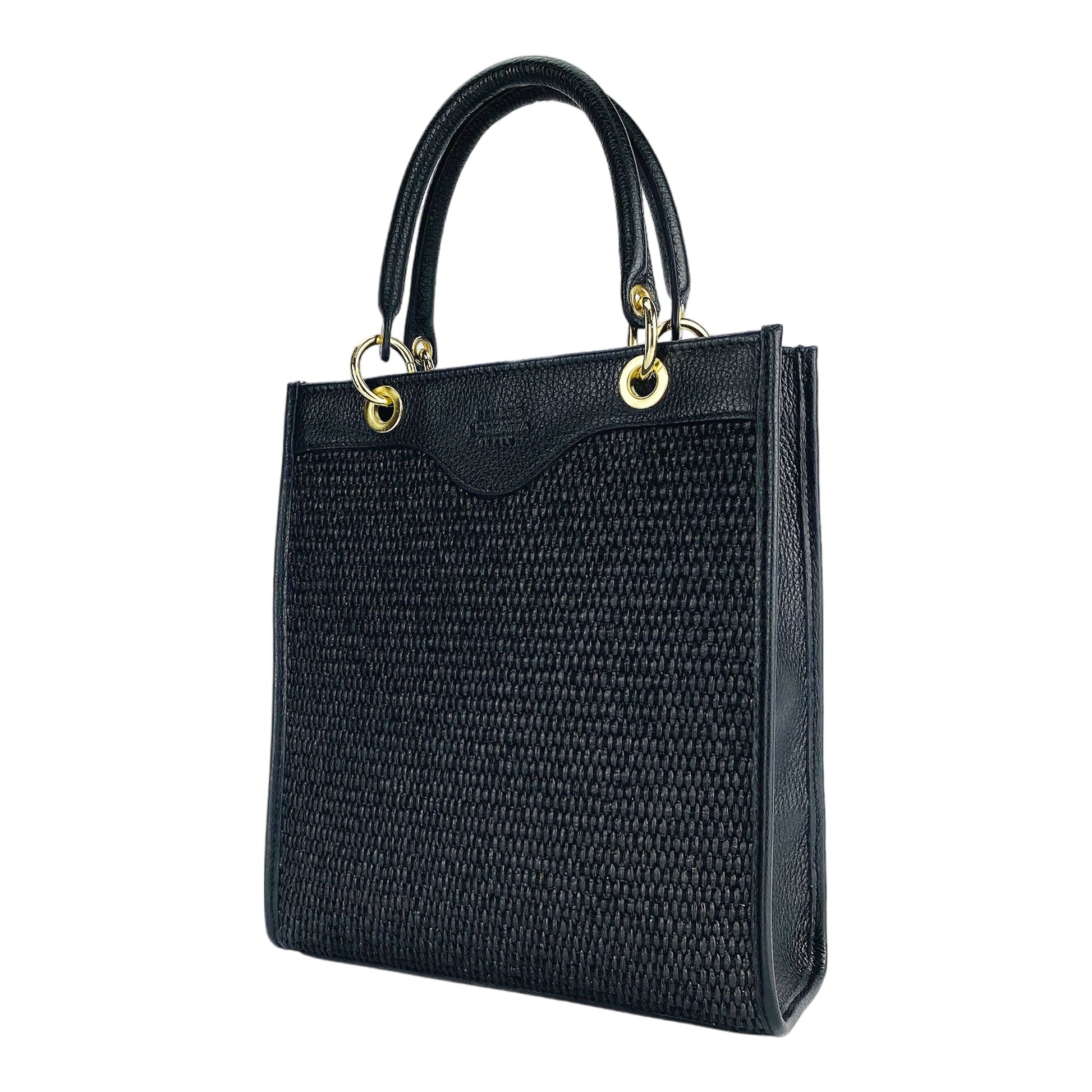 Women's Vertical Handbag in Genuine Leather and Straw