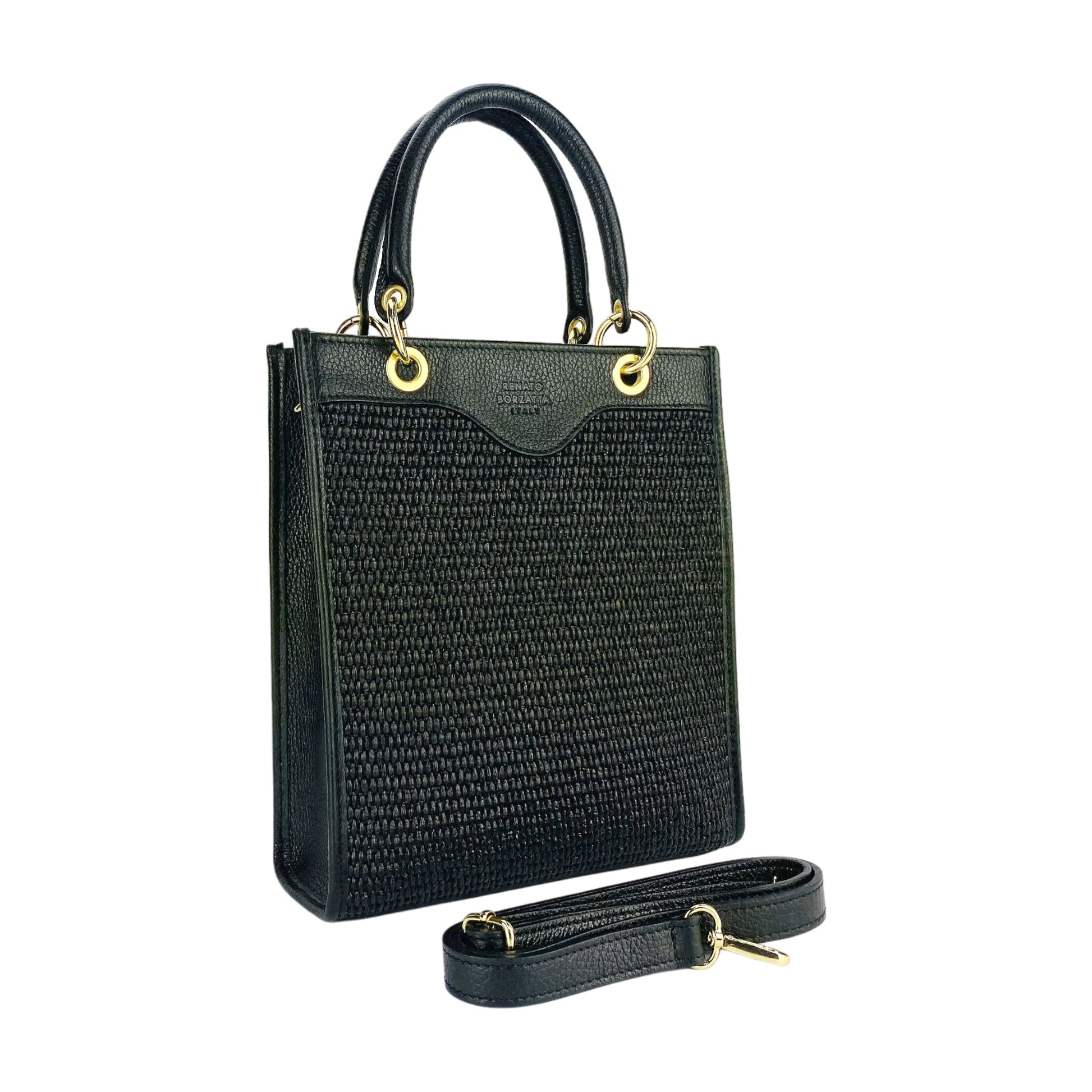 Women's Vertical Handbag in Genuine Leather and Straw