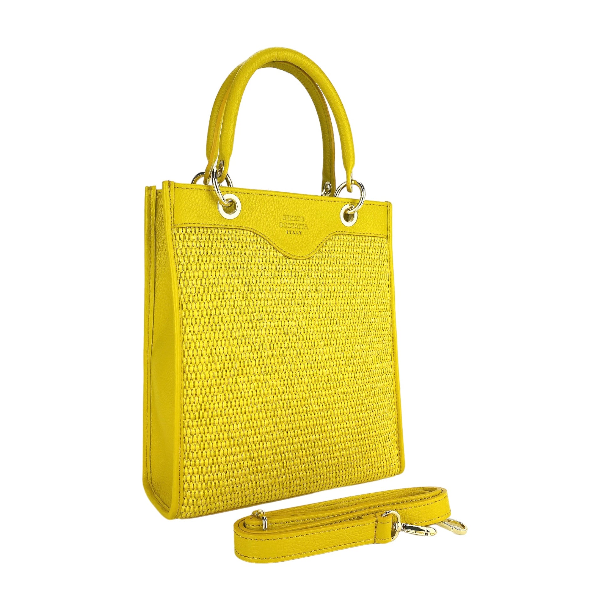 Women’s Vertical Handbag in Genuine Leather and Woven Straw – Made in Italy