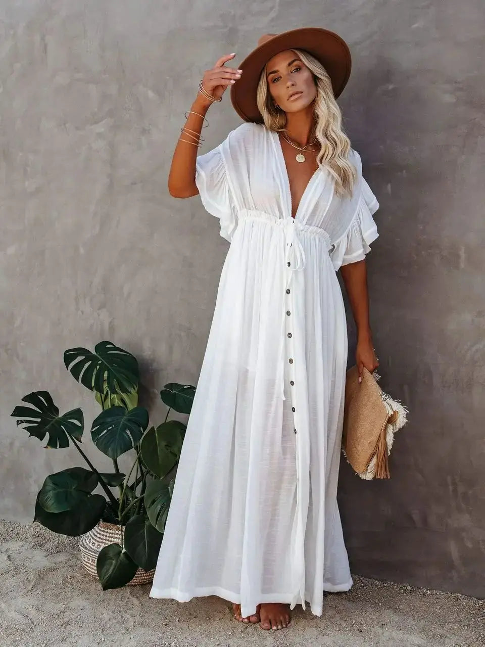 Summer Long Bikini Cover Ups for Women Solid V-Neck Kimono Beach