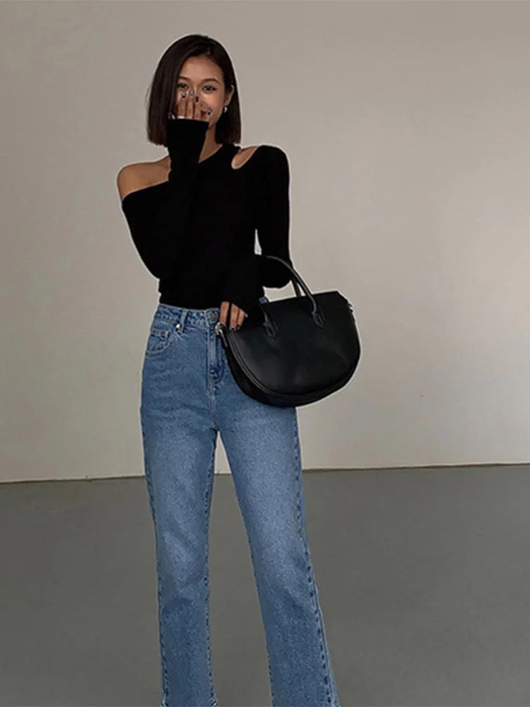 Fashion Skew Collar Off-shoulder Long-sleeved T-shirts Women Spring