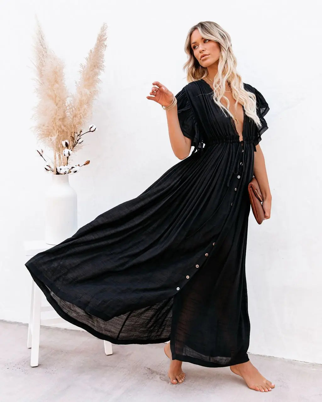 Summer Long Bikini Cover Ups for Women Solid V-Neck Kimono Beach