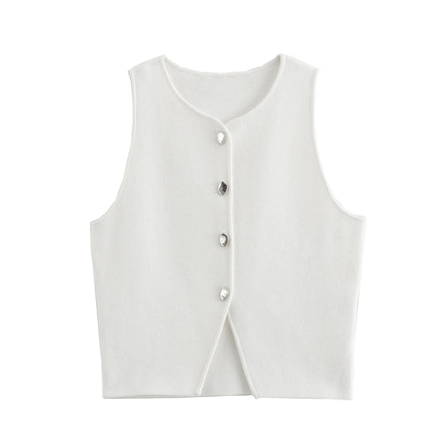 TRAF White Knit Crop Top Women Button Short Tops Woman 2024 Summer