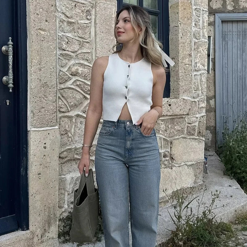 TRAF White Knit Crop Top Women Button Short Tops Woman 2024 Summer